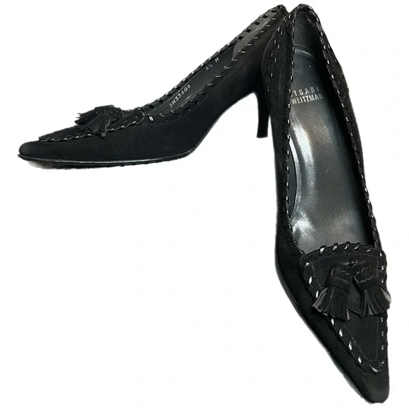 Stuart Weitzman Pointed Toe Heels Black Suede Tassels Size 6.5M - Picture 2 of 16